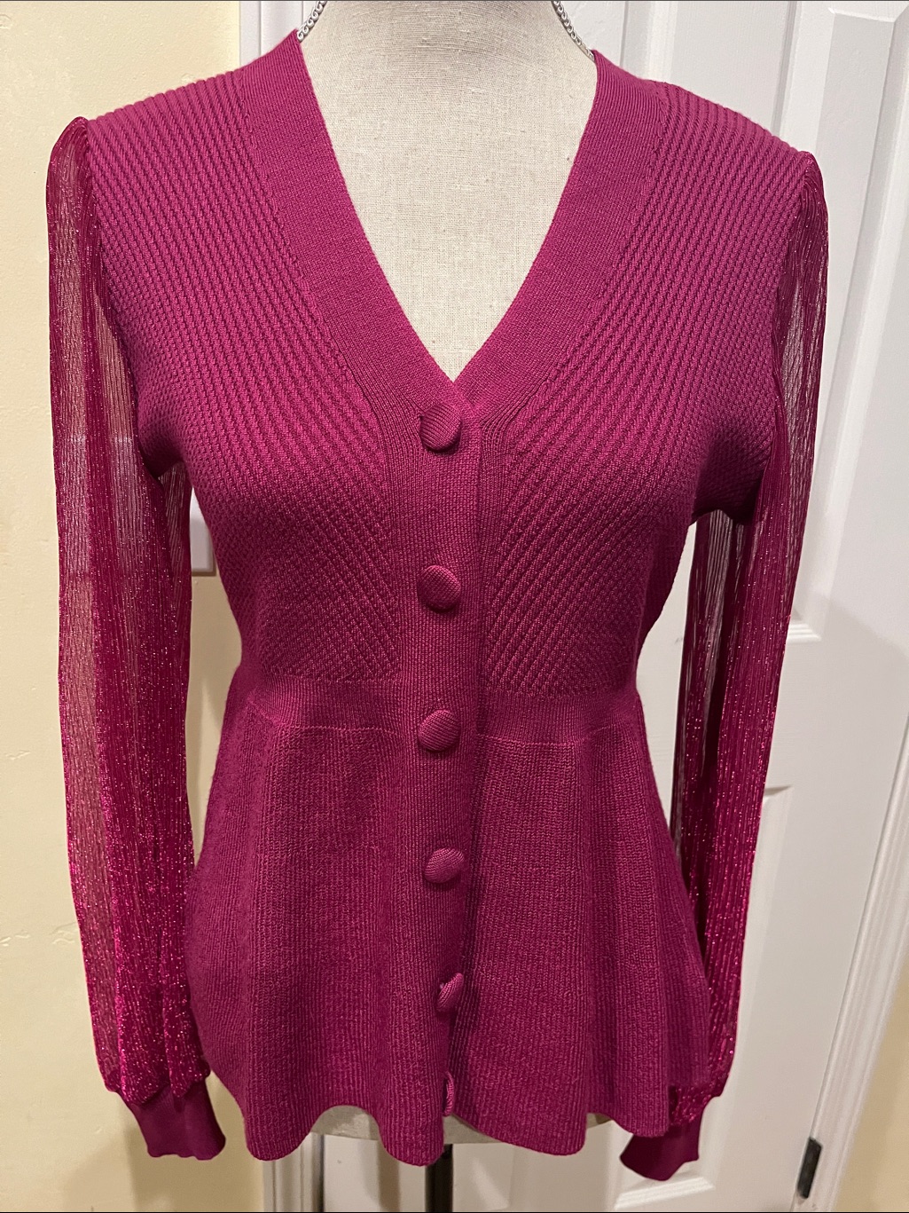 89th & Madison Magenta Button-Front Sweater With Sparkly Sleeves